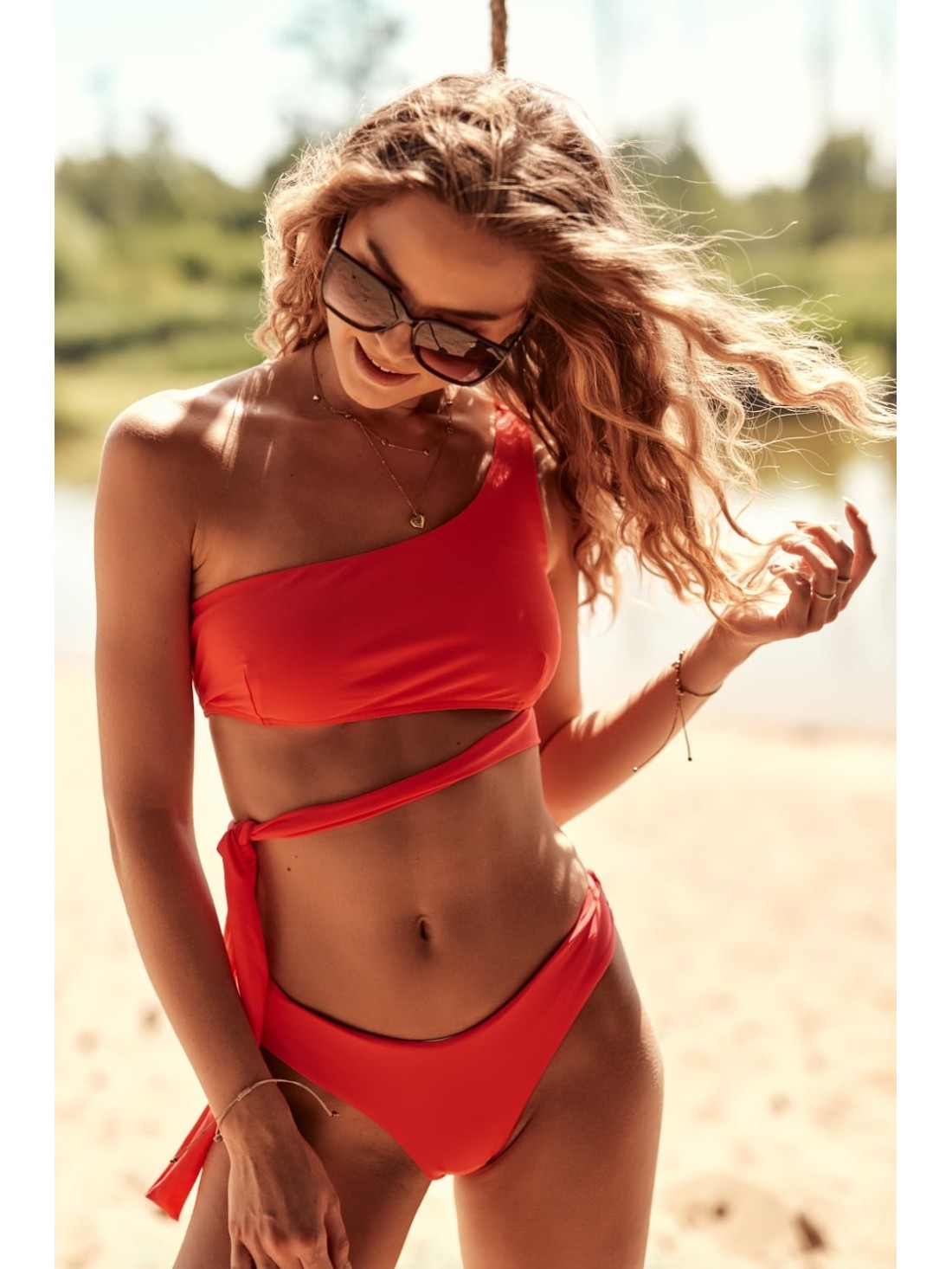 Two-piece asymmetrical coral swimsuit K17 - Online store - Boutique